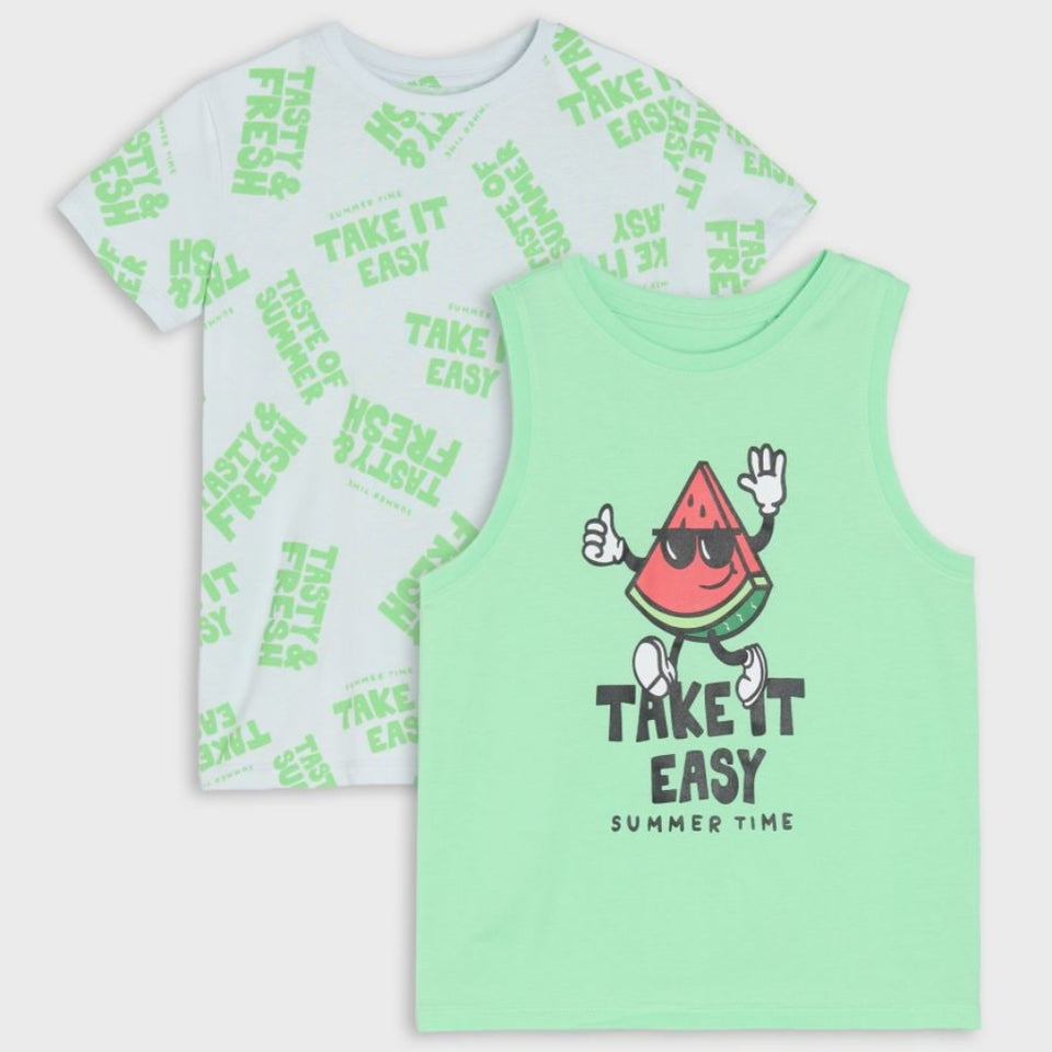 Two children's short-sleeve tops on a light gray background: a mint green sleeveless tank top in front with a watermelon graphic and the words 'TAKE IT EASY SUMMER TIME,' and a white T-shirt behind covered in repeating green 'TAKE IT EASY' text.