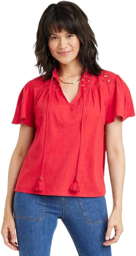 Knox Rose Women's Red Short Sleeve V-Neck Woven Eyelet Top |Knox Rose In Lebanon