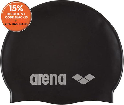 Black swim cap with Arena logo on a white background