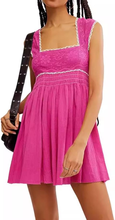 Free People Women's Magenta Floral Lace Halter Elastic Corset Square Neck Sleeveless Flowy Ruched Dresses|Free People In Lebanon