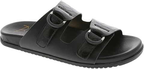 Black sandal with multiple straps on a white background
