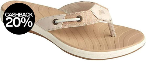 Beige sandal with a brand logo on a white background