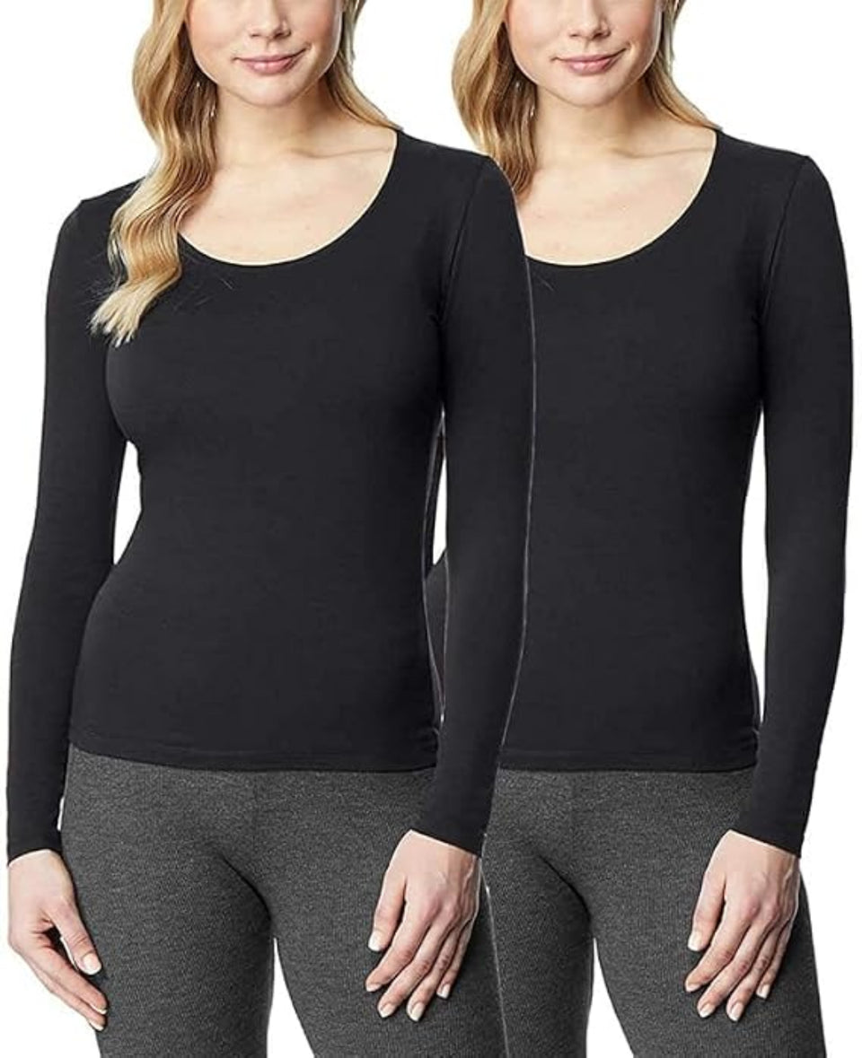 32 Degrees Women's Black 2 Pack Ultra Light Thermal Baselayer Scoop Blouse