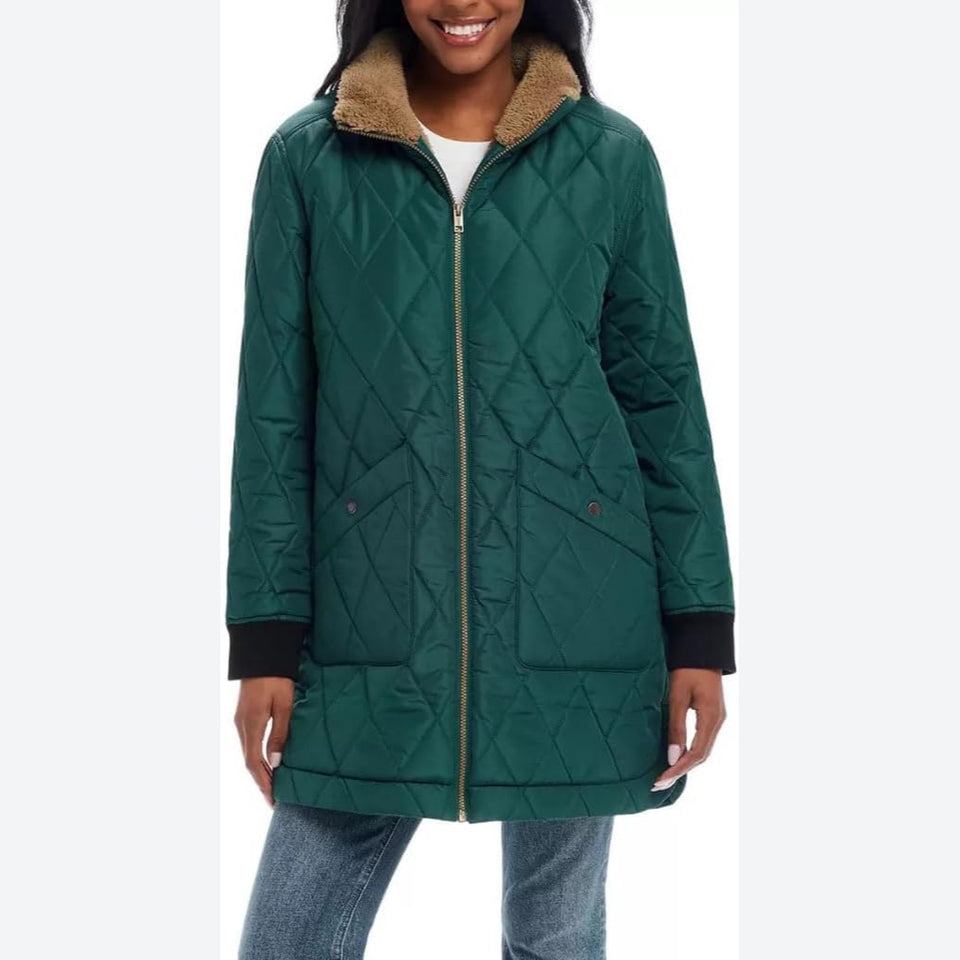 Weatherproof Vintage Women's Dark Green Sherpa Lined Quilted Long Jacket