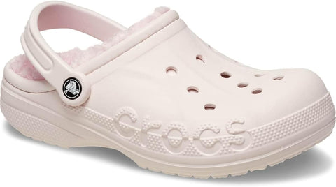Pink clog shoe with brand logo on a white background