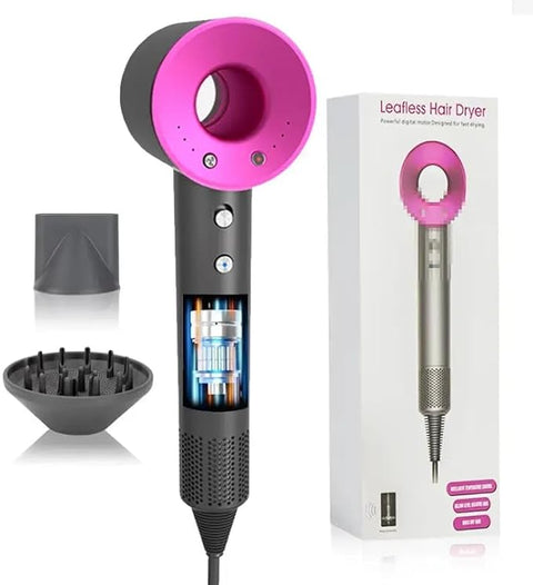 Pink and gray hair dryer with packaging on a white background