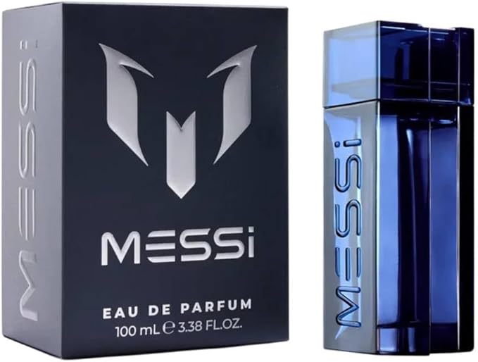 Messi Eau de Parfum packaging with black box and blue bottle.