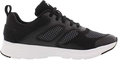Black athletic shoe with white sole on a white background
