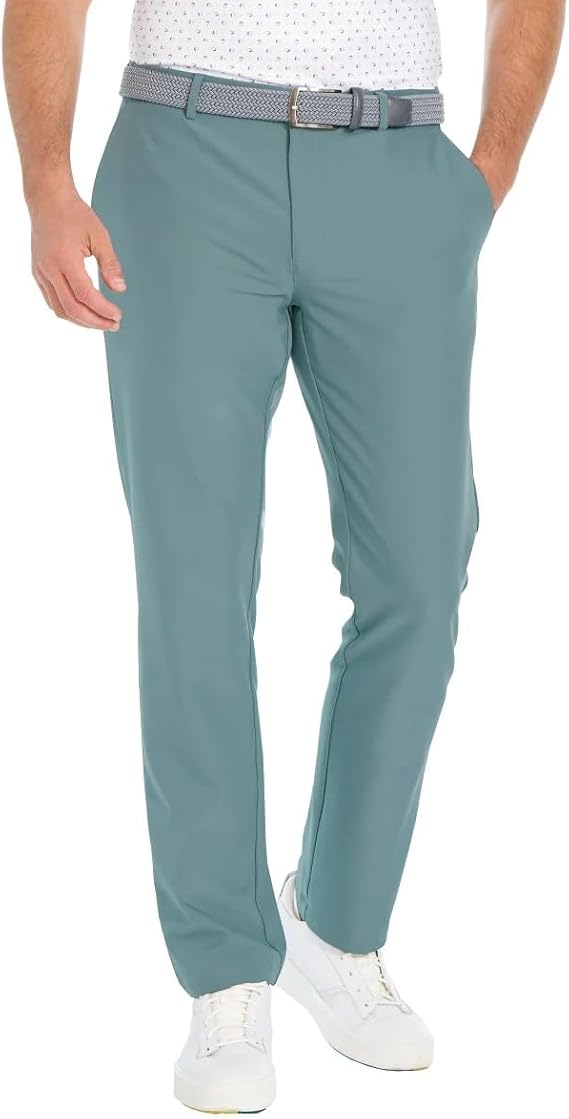 Teal pants worn by a person on a white background