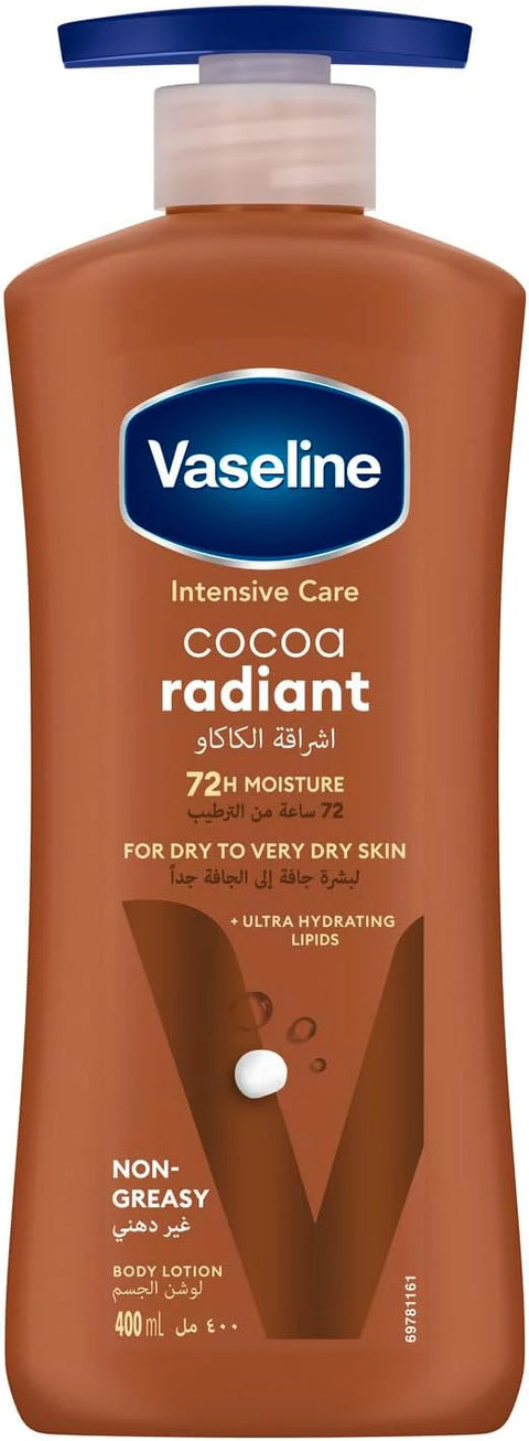 Vaseline Intensive Care Cocoa Radiant body lotion bottle on a white background