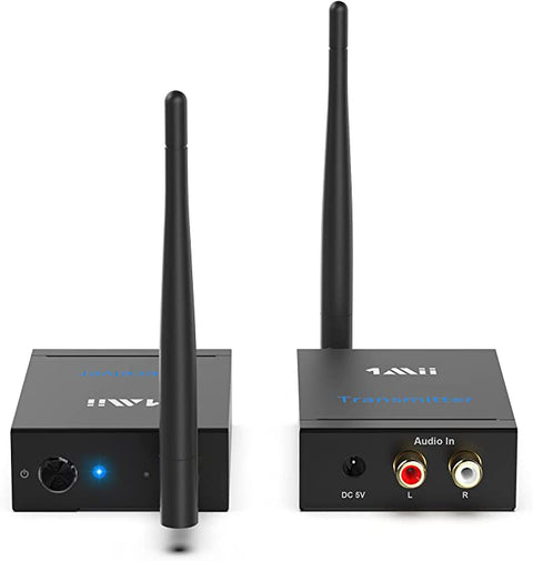 EU 1Mii Wireless Transmitter Receiver Audio for Music, 2.4GHz Long Range 320 ft Audio Transmitter and Receiver Low Delay from TV/to Powered Speaker/Stereo/Subwoofer/Soundbar/RCA Out/in - RT5066 AM197