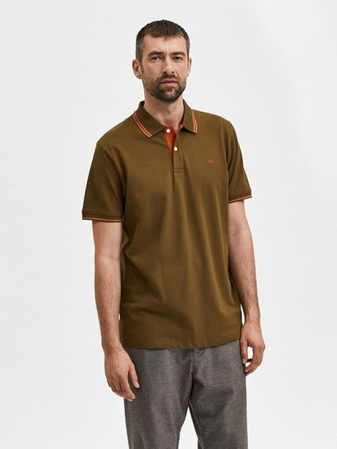 Selected Homme Men's Olive Brand Logo Embroidered Polo T-Shirt | Selected Homme In Lebanon