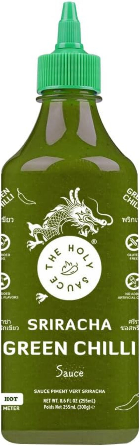 Green bottle of Sriracha Green Chilli sauce with a dragon logo on a white background