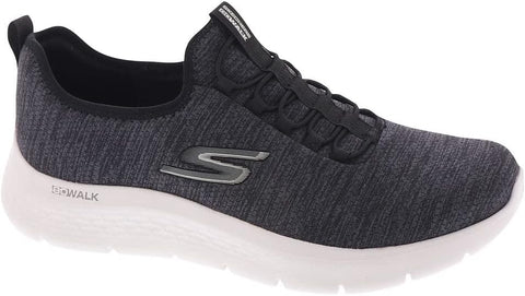 Black athletic shoe with white sole on a white background