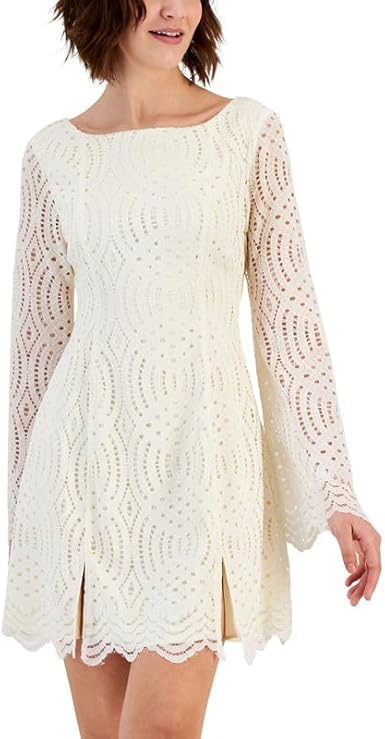 Kit Sky Women's Off White Scalloped Lace Bell Long Sleeve Dress |Kit Sky In Lebanon