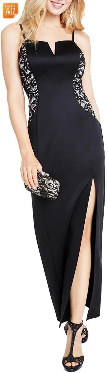 BCX Women's Black Notch-Neckline Lace-Detail Gown Dress  |BCX In Lebanon