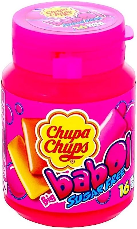 Pink container of Chupa Chups Big Babos sugar-free candy