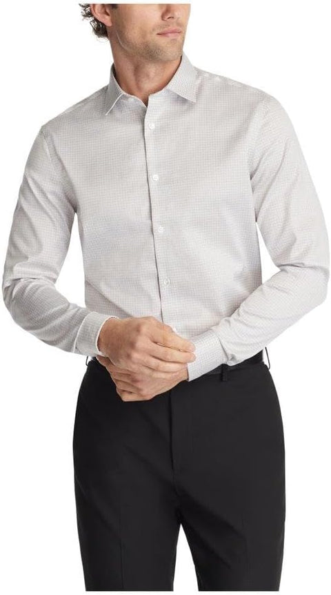 Calvin Klein Men's White Checked Dress Shirt Regular Fit Refined Cotton Stretch | Calvin Klein In Lebanon
