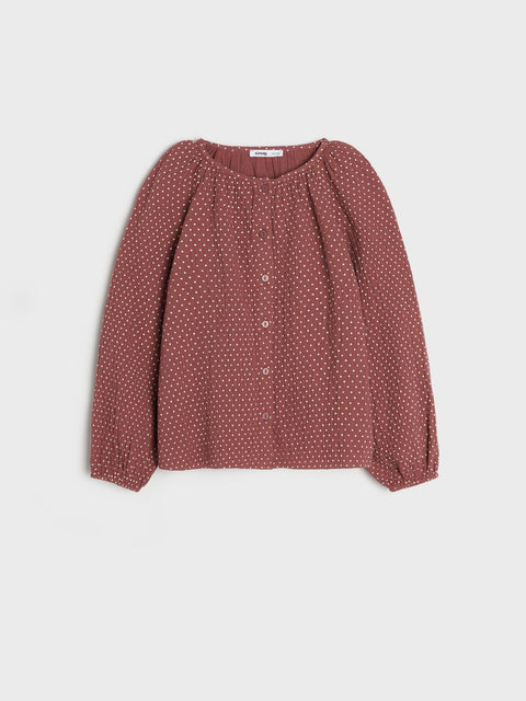Red polka dot blouse on a light gray background