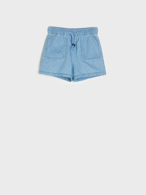 Light blue shorts with a drawstring on a white background