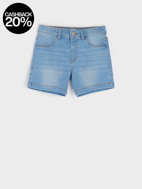 Light blue denim shorts on a white background