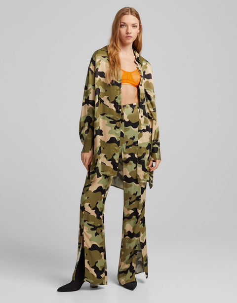 Bershka Women's Camouflage satin flared pants 5234/694/505 (FL10)