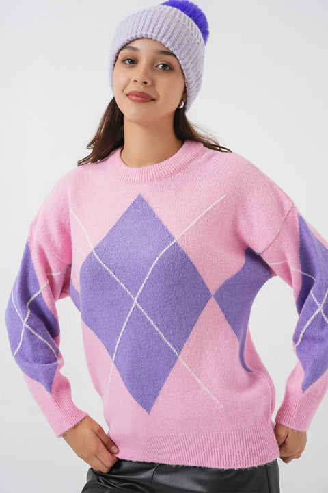 Big Dart Women's Pink & Lilac Oversized Diamond Patterned Knitwear Sweater | Big Dart In Lebanon