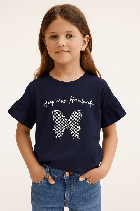 Reserved Girl's Navy Butterfly Rhinestone Ruffle Sleeve T-shirt | Reserved In Lebanon