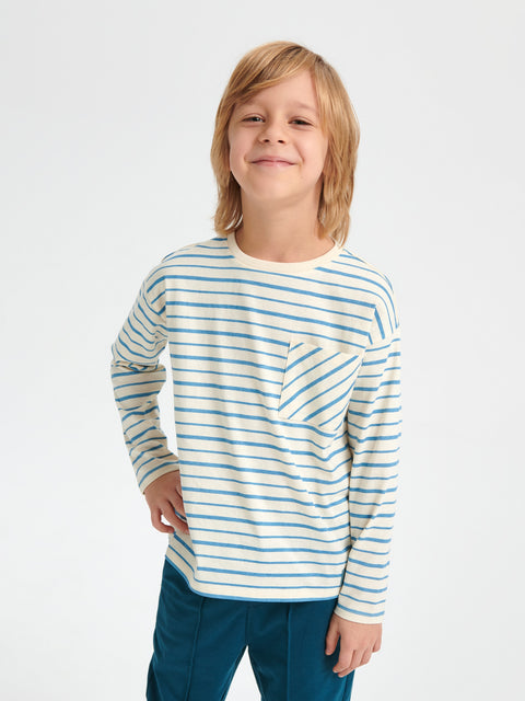 Sinsay Boy's Beige & Blue Striped Chest Pocket Long Sleeve Blouse | Sinsay In Lebanon