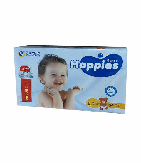 Happies Giant Pack Diapers Size 6 (>17 kg) 64 Diapers + Wipes Free Inside | Happies In Lebanon