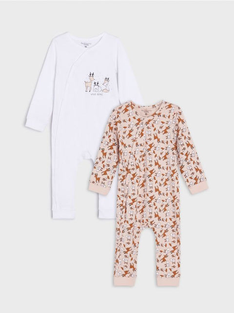 Two baby onesies on a light gray background, one white with a pattern and one floral.