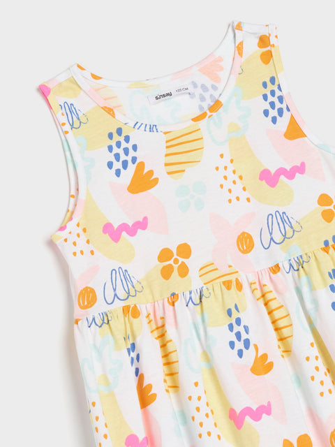 Colorful sleeveless dress with abstract patterns on a white background