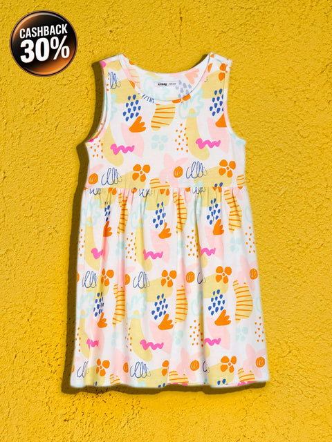 Colorful sleeveless dress with abstract pattern on a yellow background