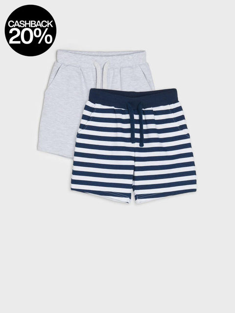 Two pairs of shorts, one gray and one navy and white striped, on a light gray background.