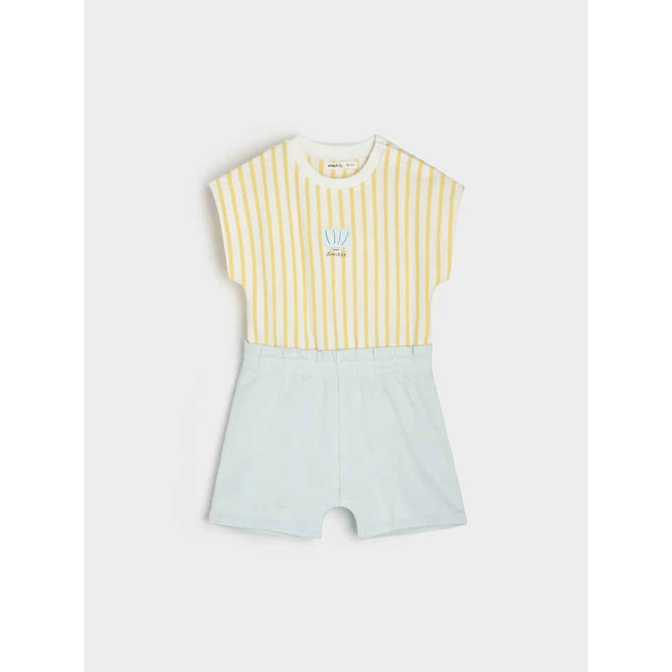 A baby romper featuring a yellow and white vertically striped short-sleeve top with a small light blue crown logo on the chest, paired with light blue shorts.