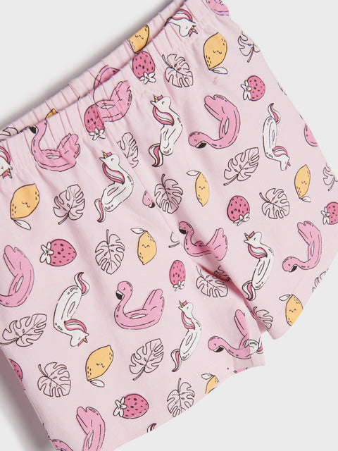 Pink fabric with flamingo, lemon, and strawberry pattern