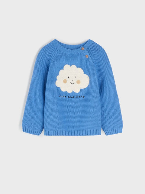 Blue sweater with a cloud design on a light gray background