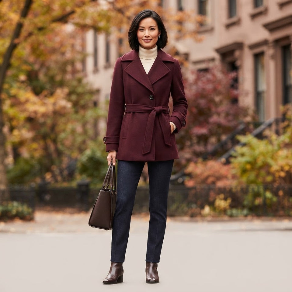 Michael Kors Women's Maroon Wool-Blend Notch Collar Coat