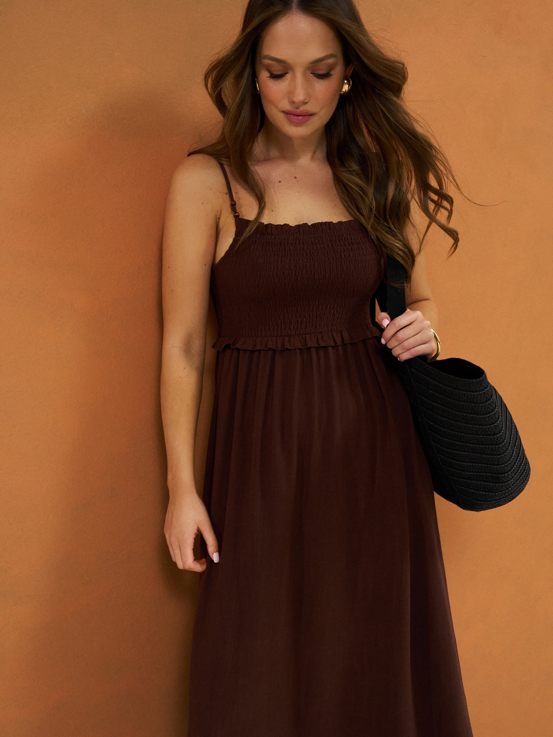 Sinsay Women's Brown Viscose Midi Dress With Straps | Sinsay In Lebanon