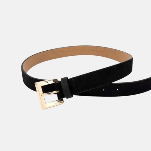 Black belt with a gold buckle on a light gray background