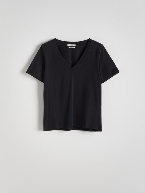 Black V-neck t-shirt on a light gray background