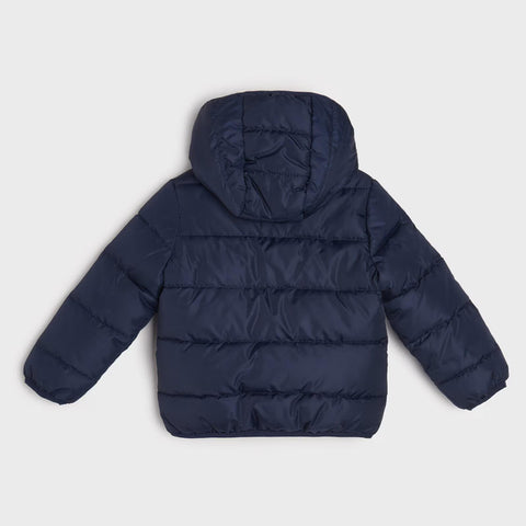 Navy blue puffer jacket on a light gray background