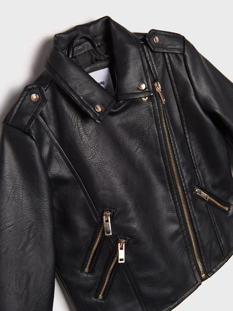 Black leather jacket with gold zippers on a light gray background