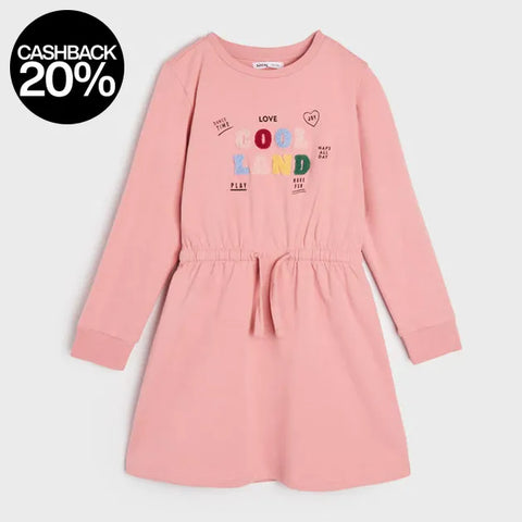 Pink dress with colorful text on a light gray background
