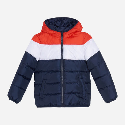 Puffer jacket with a color block design on a white background