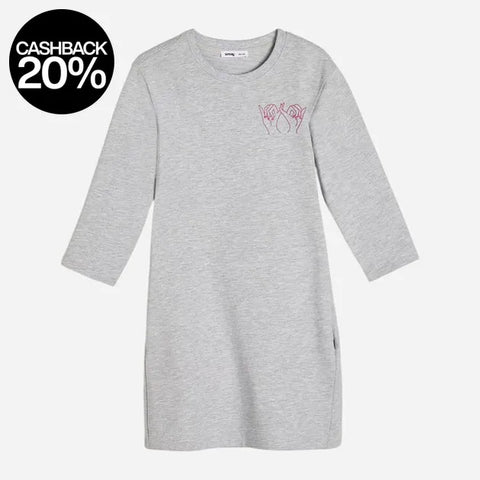 Gray dress with a small design on a white background, featuring a cashback 20% offer.
