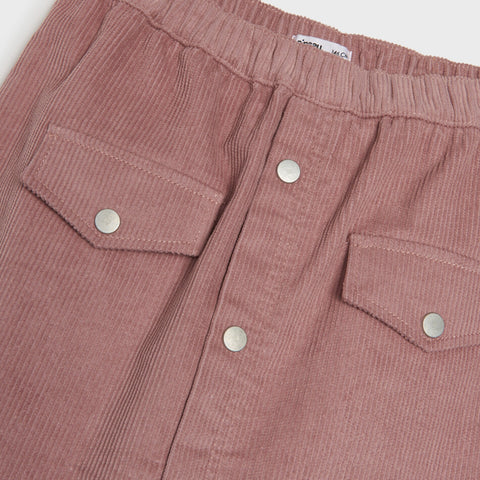 Close-up of pink corduroy pants with button details on a white background