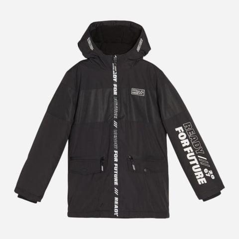 Black jacket with text on sleeves and hood on a white background