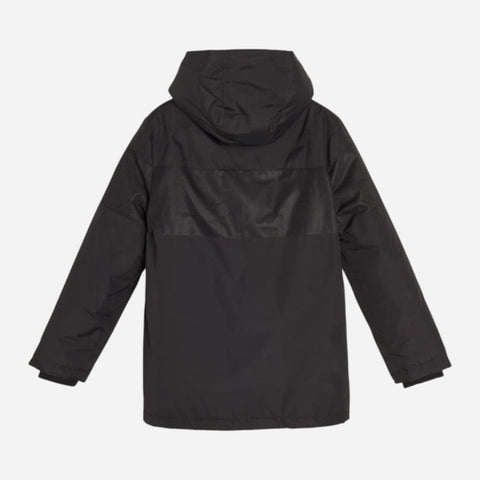 Black jacket with a hood on a white background