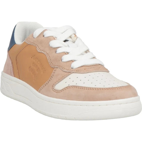 Sneaker with brown and beige leather sections on a white background
